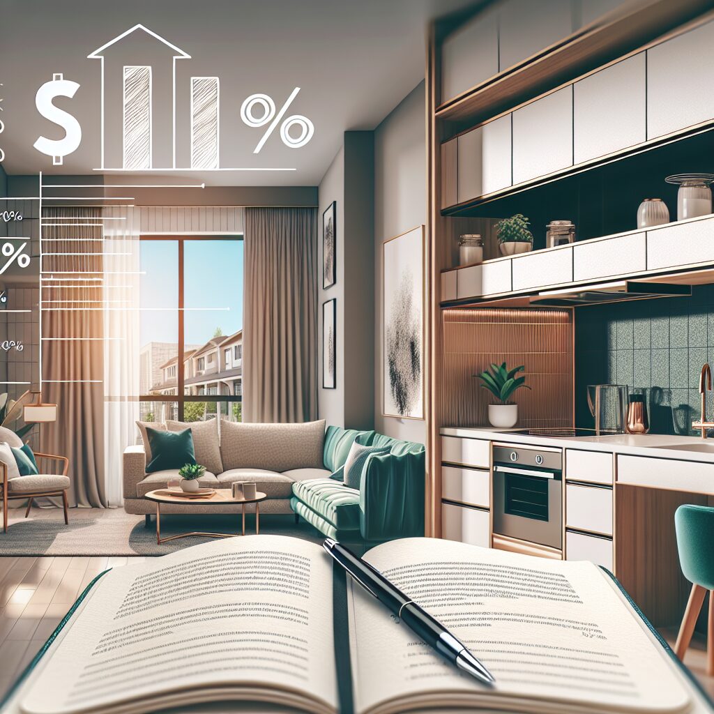 Illustrate a well-designed apartment with modern furniture and decor showcasing a comfortable living room with large windows allowing natural light, a sleek kitchen with high-end appliances, a cozy bedroom with a spacious wardrobe, and a luxurious bathroom with stylish fixtures. Overlaying this image are graphics of dollar signs and percent symbols, presenting the idea of profitability and high returns on investment. Also, include a notebook with bullet points, suggesting the best tips for high ROI in apartment rentals.